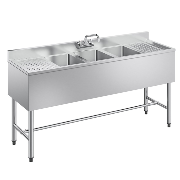 Chiuvetă profesională 3 cuve, inox 304, cu blaturi de scurgere, dimensiuni 1524x470x838mm