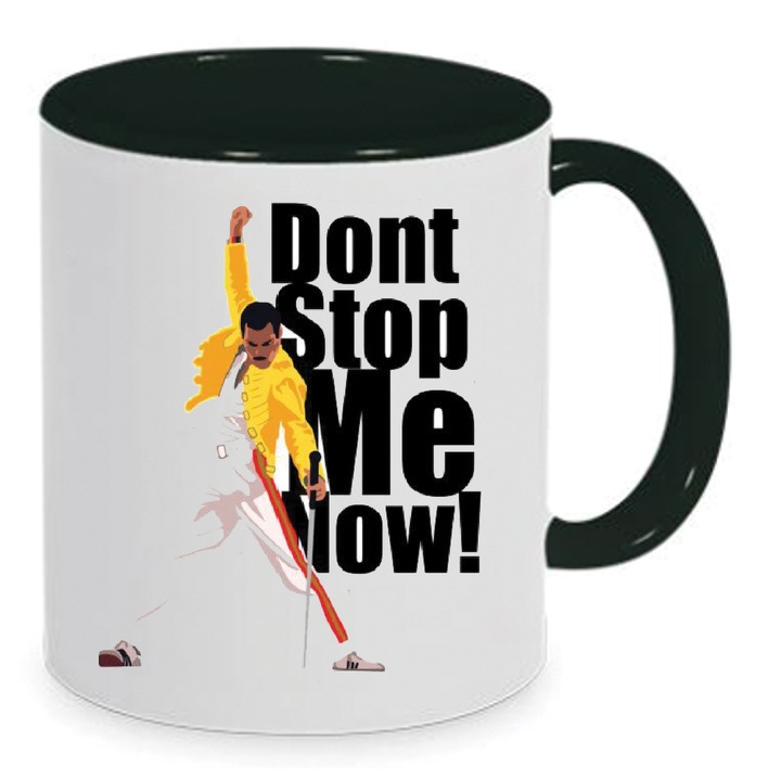 Cana Freddie Mercury No8, ceramica premium, 330ml, neagra, design "Don't Stop Me Now"