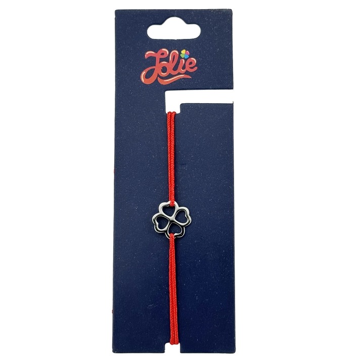 Jolie Martisor karkötő, lóhere, rozsdamentes acél/fém, piros zsinór, ezüst színű