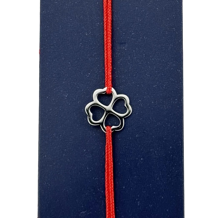 Martisor Bratara Inox pentru Copii, Jolie, Model Trifoi, din Inox si Metal Inox, Snur Rosu, Argintiu