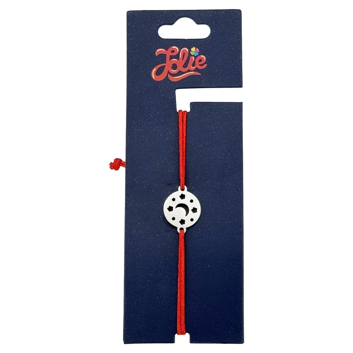 Martisor Bratara Inox pentru Copii, Jolie, Model Luna cu Stele, din Inox si Metal Inox, Snur Rosu, Argintiu