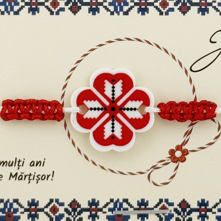 Martisor Traditional Bratara Norocoasa, Jolie, Model Trifoi Rosu Traditional, Bratara Martisor pentru Copii, din Plastic/Textil, Snur Alb/Rosu