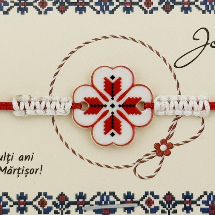 Martisor Traditional Bratara Norocoasa, Jolie, Model Trifoi Port Traditional, Bratara Martisor pentru Copii, din Plastic/Textil, Snur Rosu/Alb