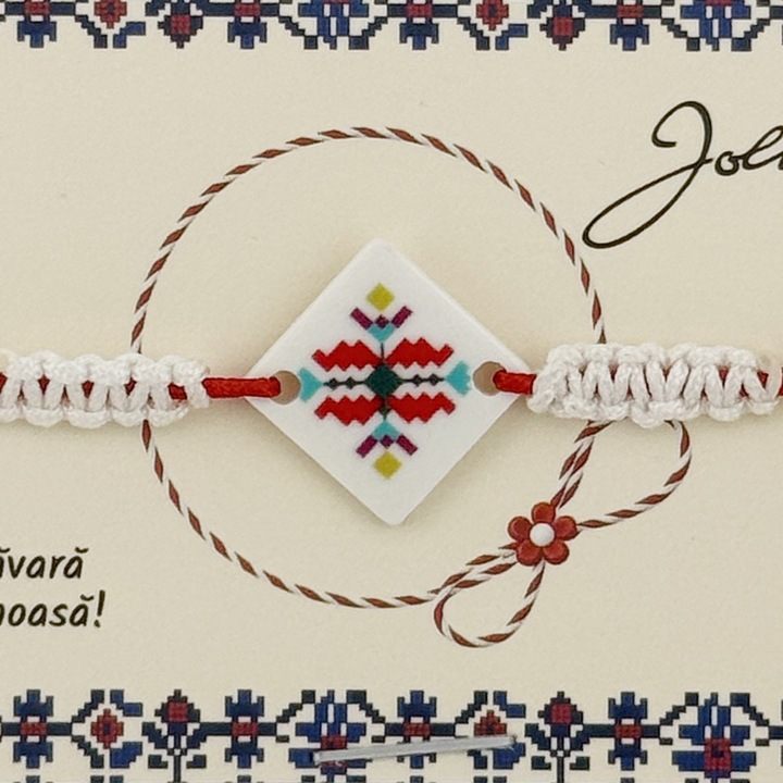 Martisor Traditional Bratara Norocoasa, Jolie, Model Romb Multicolor, Bratara Martisor pentru Copii, din Plastic/Textil, Snur Alb/Rosu