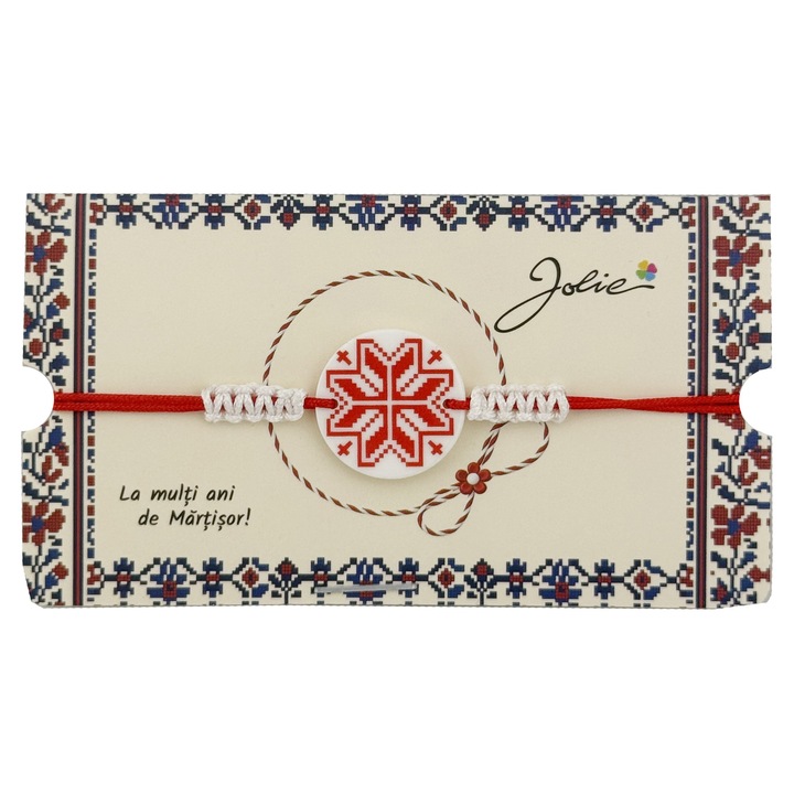 Martisor Traditional Bratara Norocoasa, Jolie, Model Rotund cu Port Traditional, Bratara Martisor pentru Copii, din Plastic/Textil, Snur Alb/Rosu