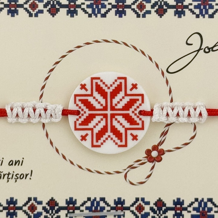 Martisor Traditional Bratara Norocoasa, Jolie, Model Rotund cu Port Traditional, Bratara Martisor pentru Copii, din Plastic/Textil, Snur Alb/Rosu