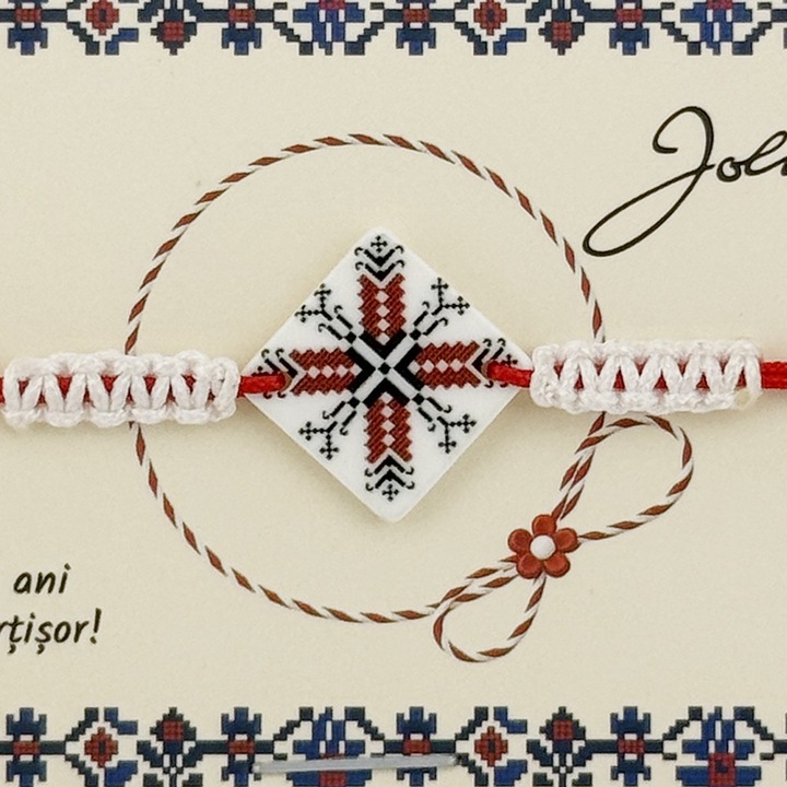 Martisor Traditional Bratara Norocoasa, Jolie, Model Romb Port Traditional, Bratara Martisor pentru Copii, din Plastic/Textil, Snur Alb/Rosu