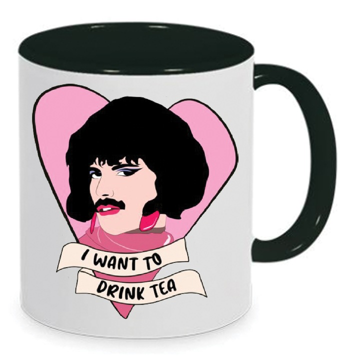 Cana Freddie Mercury No10, ceramica premium, 330ml, neagra, design amuzant "I Want to Drink Tea"