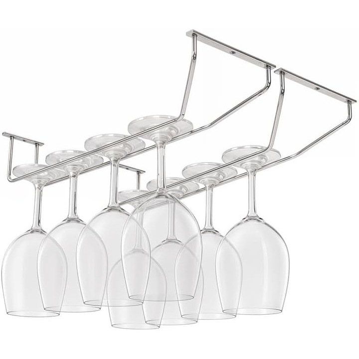 Set suport pahare vin suspendat Belle Vous, 4 buc, metal cromat, montaj sub dulap/raft, 34 x 11 cm, Argintiu