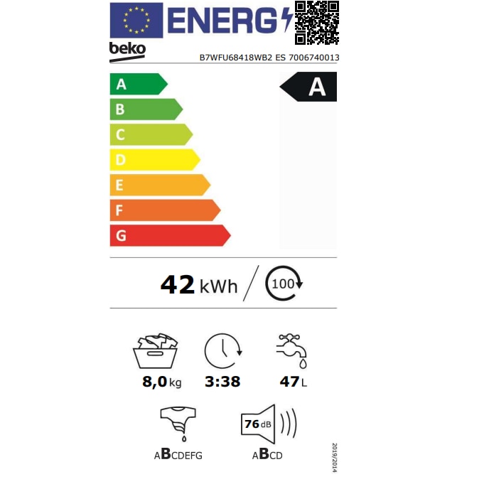 Masina de spalat rufe Beko B7WFU68418WB2ES, 8 kg, 1400 RPM, 15 programe, Clasa A, EnergySpin, Alb