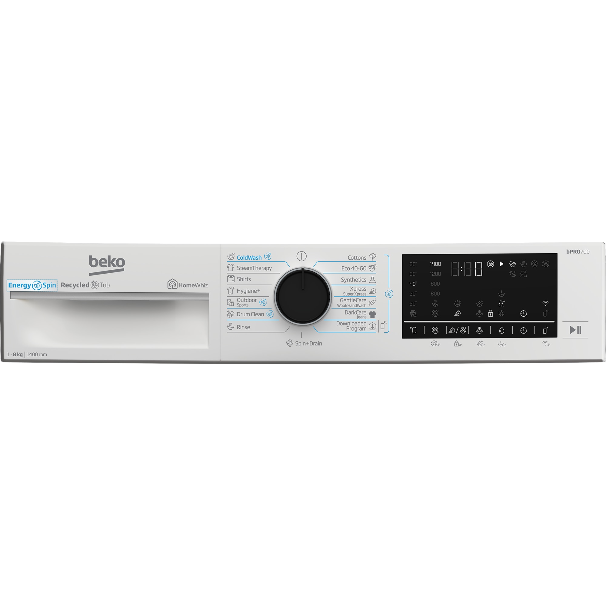Masina de spalat rufe Beko B7WFU68418WB2ES, 8 kg, 1400 RPM, 15 programe, Clasa A, EnergySpin, Alb