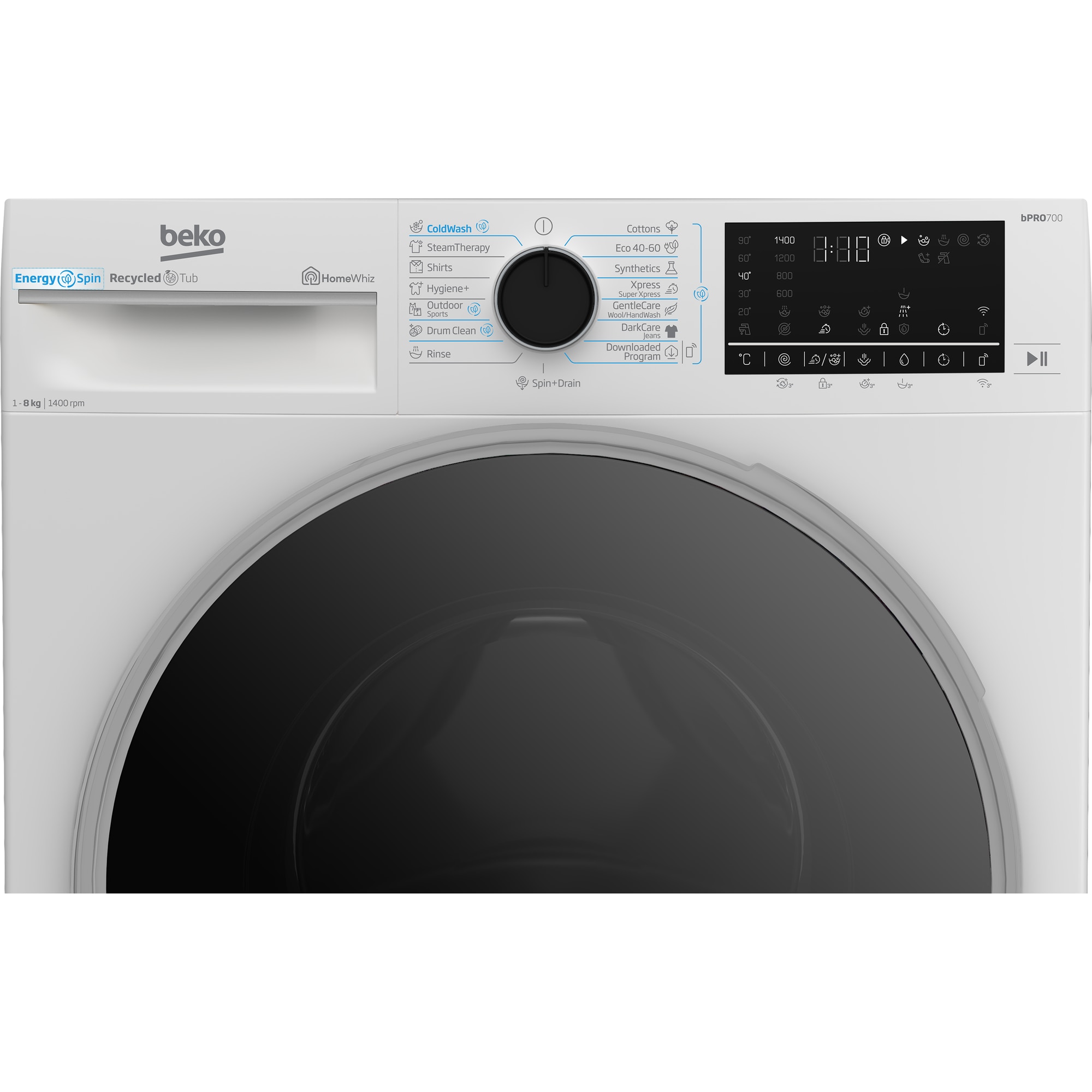 Masina de spalat rufe Beko B7WFU68418WB2ES, 8 kg, 1400 RPM, 15 programe, Clasa A, EnergySpin, Alb