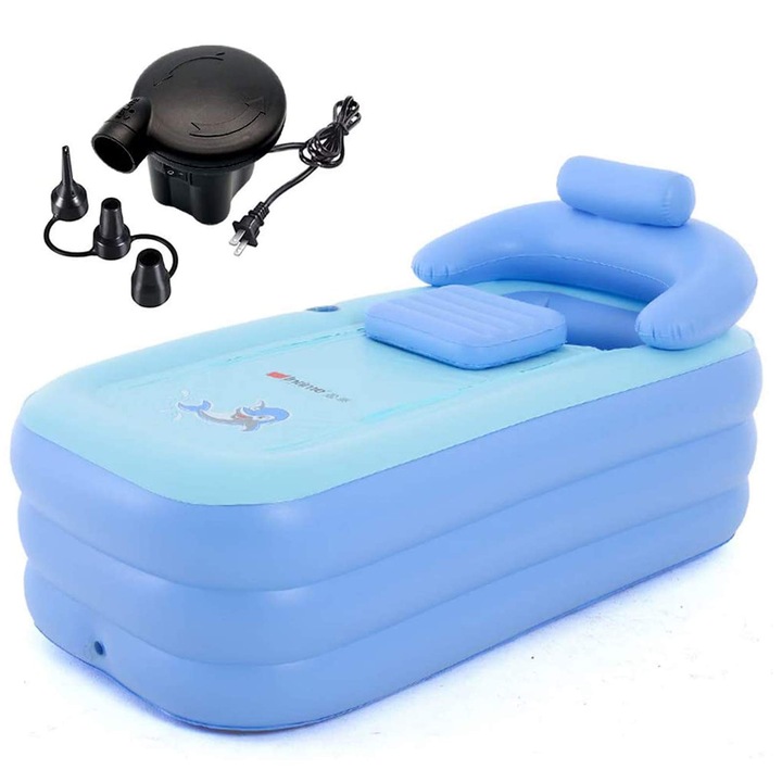 Cada gonflabila, XGETOP®, cu design pliabil si portabil, potrivita pentru spa-uri pentru adulti, echipata cu pompa electrica de aer, suporturi confortabile pentru pahare, antiderapanta, cada spa pentru acasa, lungime 160 cm