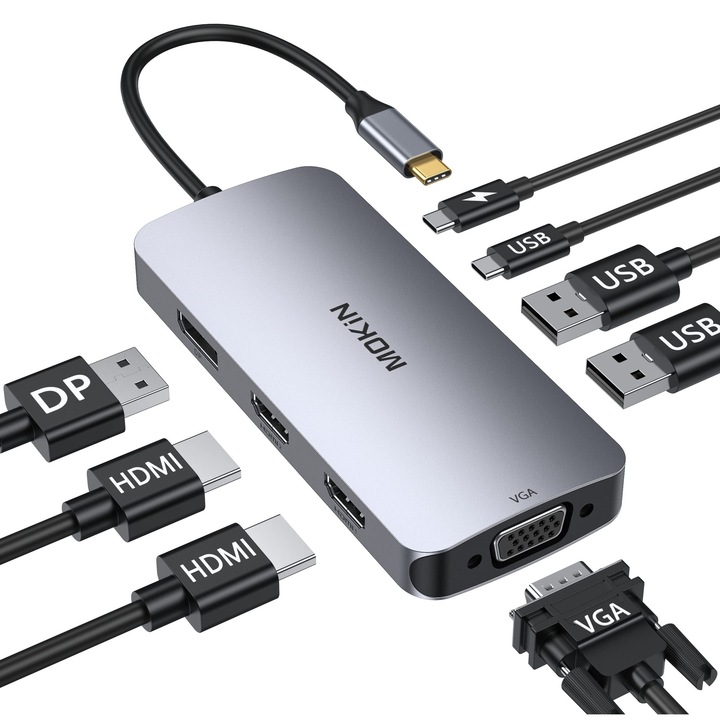 MOKiN USB C Docking Station 2 Adaptor HDMI dublu pentru monitor cu 2* HDMI, Display Port, VGA, incarcare PD 100W, 2USB A 2.0, porturi USB C 2.0 pentru Dell XPS, HP, Lenovo