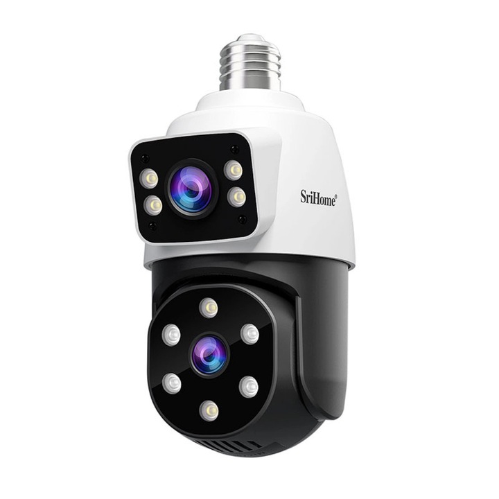 Camera de supraveghere tip bec Srihome SH068, dual lens Full HD 1080p, Wi-Fi, soclu E27, detectare mișcare AI, audio bidirecțional, vedere nocturnă, slot card SD