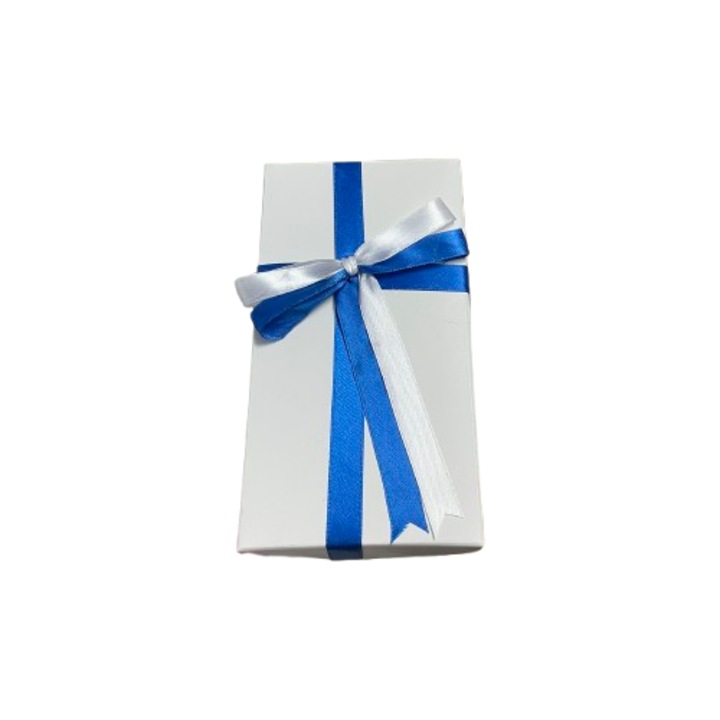 Cutie pentru cadou - Nicas - Carton alb cu fundita albastru inchis - 16x5, 5x8 cm - tip L16