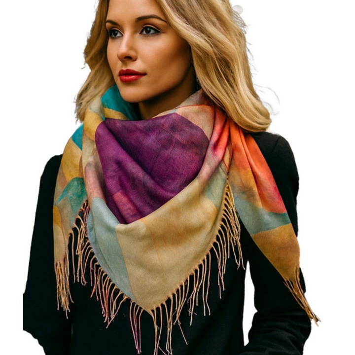 Chusta dama multicolora galben 100x100 cm cu imprimeu floral, eleganta, versatila, cu franjuri fine, din poliester 100%- Agrafka unisize