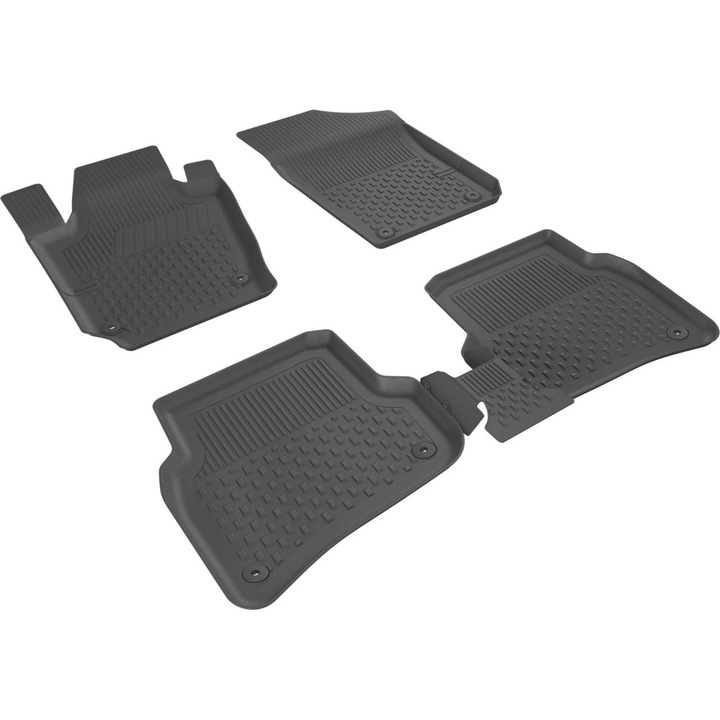 Set covoare/covorase auto Skoda Fabia I an 1999-2007, cauciuc negru, stil tavita, butoni de fixare
