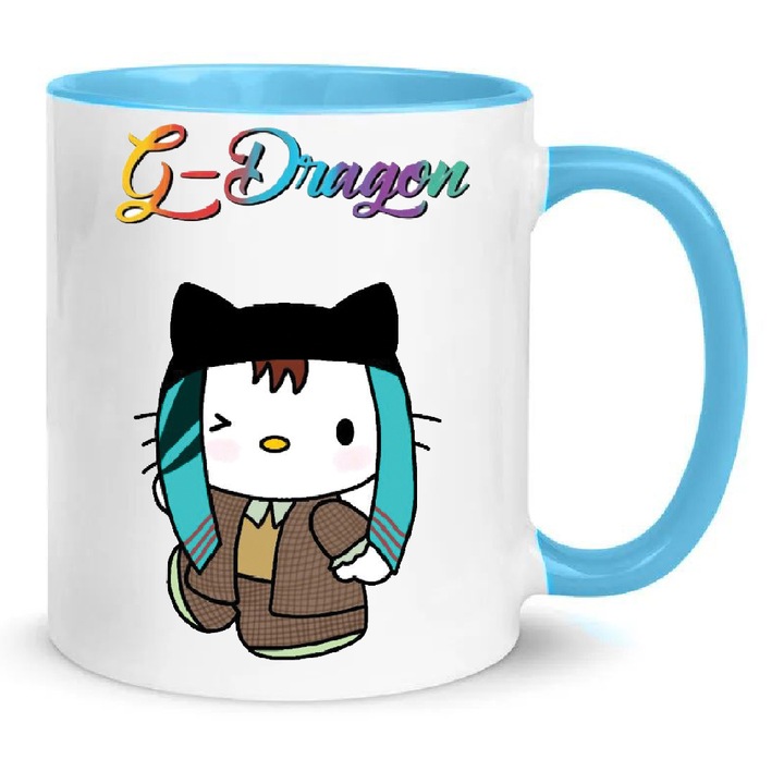 Cana G-Dragon No5, ceramica premium, 330ml, alb cu interior albastru deschis, lavabila la masina de spalat, set pentru fani K-pop