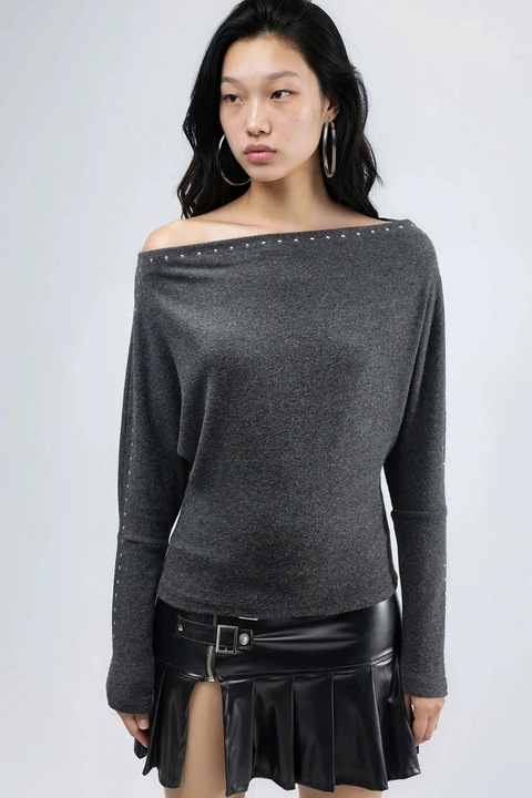 Bluza dama Busem, guler barcuta, gri inchis, jerseu