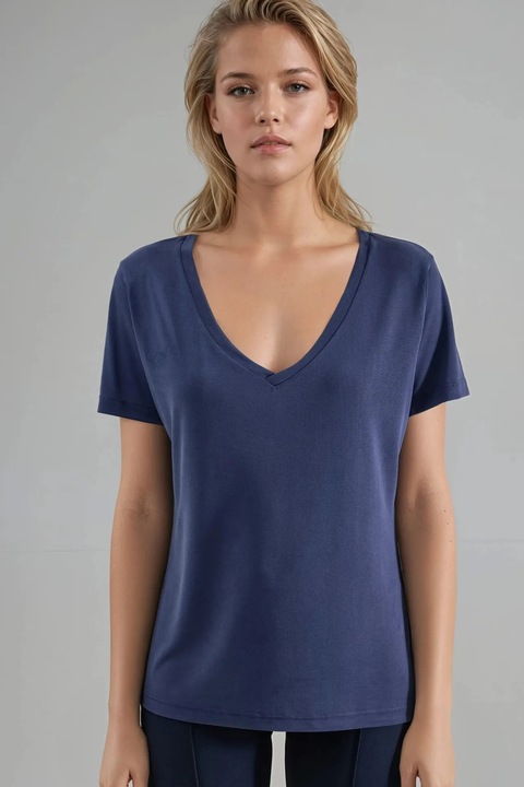 Tricou dama Busem, decolteu in V, maneca scurta, albastru marin, jerseu