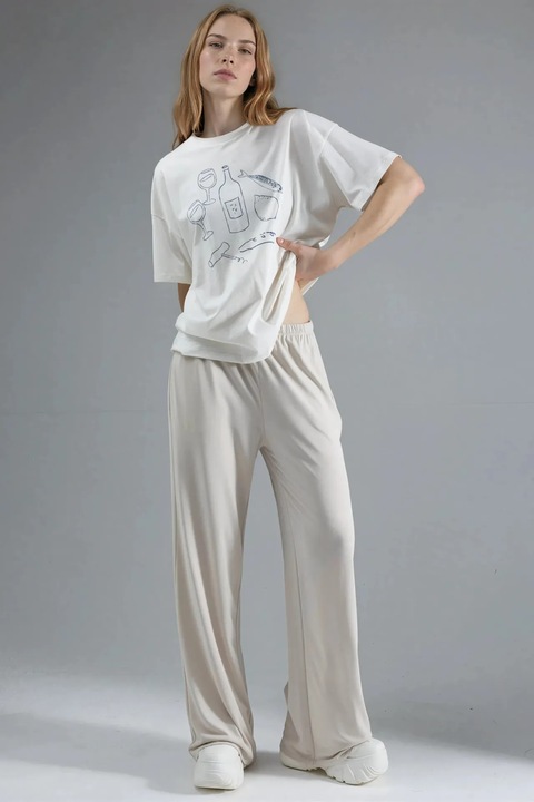 Pantaloni dama, Busem, talie elastica, croiala dreapta, ecru, textil sintetic