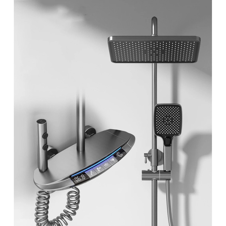 Coloana Dus Termostat, Amalux®, Coloana Dus Termostat Cu Afisaj Digital LED, Coloana Dus Termostat 4 Functii Taste Pian, Cap Dus Dreptunghiular Ploaie 360°, Dus Mana 3 Moduri, Dus Bideu, Pipa Cada Cascada, Reglabil Inaltime, Alama, Model 8024, Gri