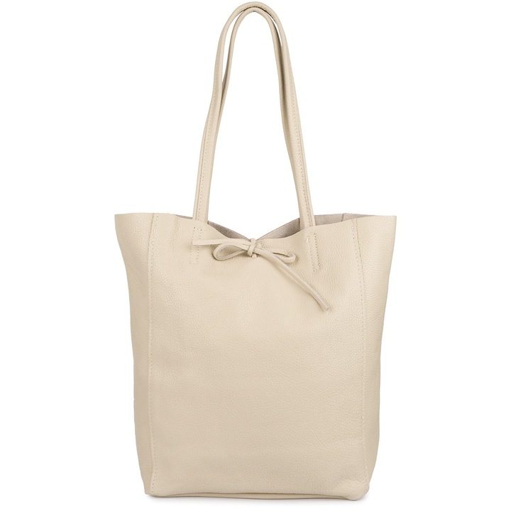 Geanta de umar din piele naturala ecru, model tip sac, mare, pentru A4, cu fermoar, Beltimore