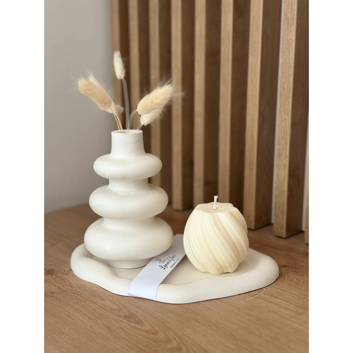 Set lumanare parfumata spirala, tava ceramica si vaza, handmade, Lumensglow, 24x16.5cm, 10.5x15cm, 7x6.5cm