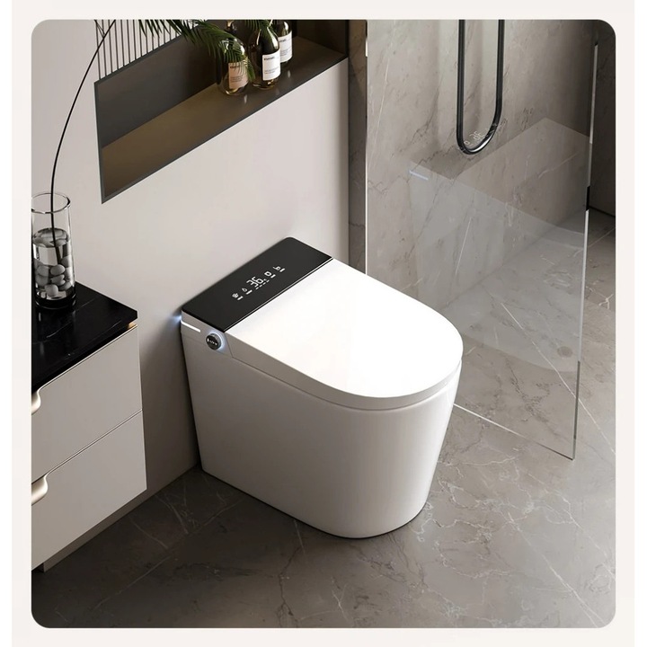 Vas Toaleta Inteligenta, MOBATELIER®, Vas Toaleta Inteligenta Cu Bideu LED, Vas Toaleta Inteligenta Cu Telecomanda Si UV, Vas Toaleta Inteligenta Cu Senzor Picior, Deschidere Automata, Uscare Aer Cald, Iluminare Noapte, Ceramica, Alb/Negru
