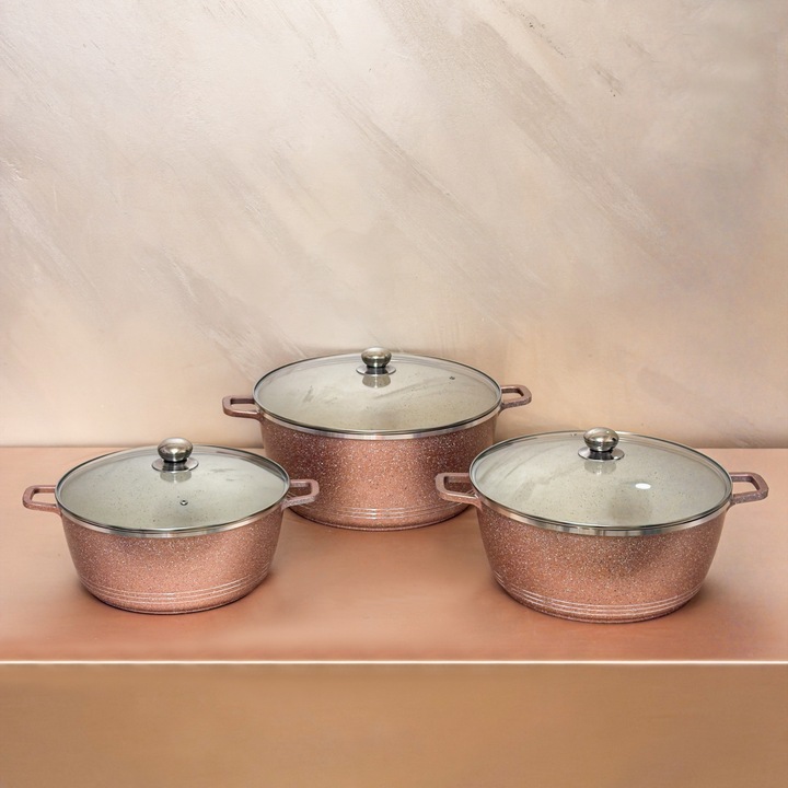 Set oale granit 6 piese cu capac sticla, vase gatit cu invelis granit antiaderent, ceramica, 32-40 cm, rezistente