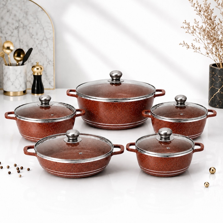 Set vase gatit granit 10 piese, 5 oale si tigai cu capace sticla, antiaderente, compatibile inductie, 20-32 cm, rosu