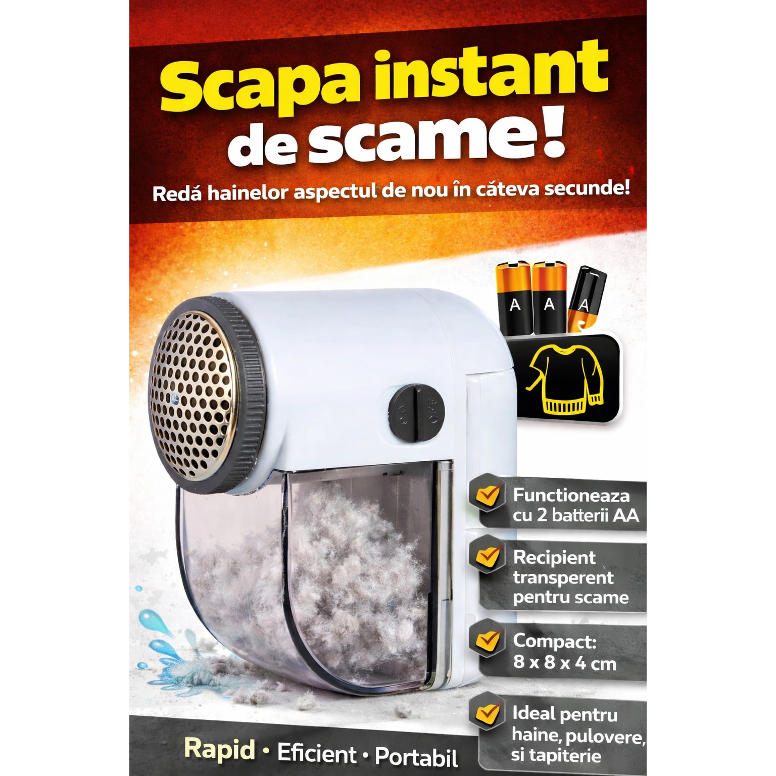 Aparat electric pentru indepartat scame, compact, 2xAA, recipient colectare transparent, alb