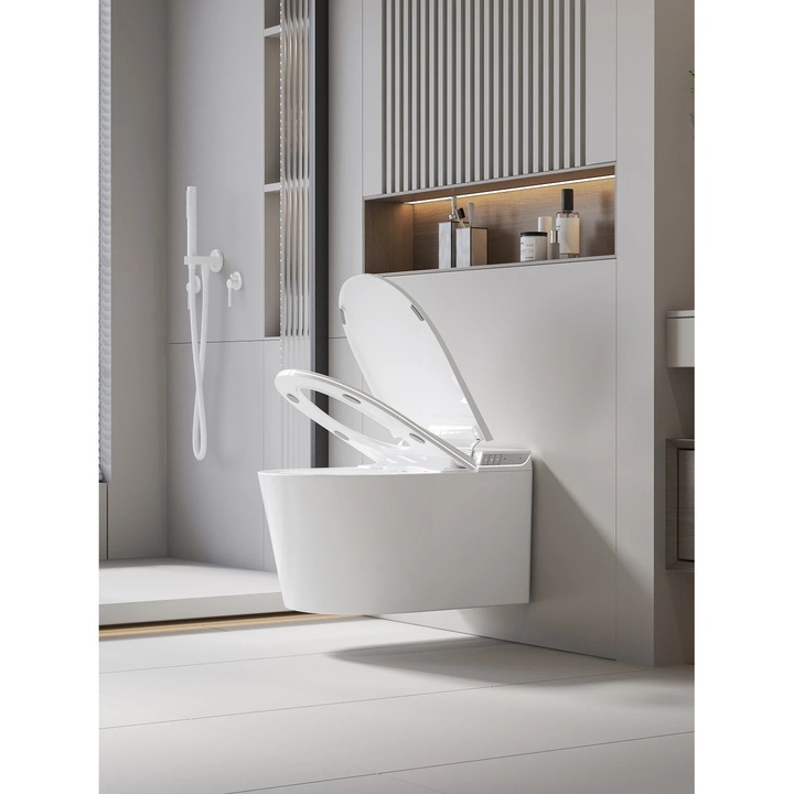 Vas Toaleta Inteligenta, MOBATELIER®, Suspendat, Vas Toaleta Inteligenta Cu Bideu LED, Vas Toaleta Inteligenta Cu Telecomanda Si Sterilizare UV, Vas Toaleta Inteligenta Senzor Picior, Uscare Aer Cald, Rezervor Incorporat, Ceramica, Alb