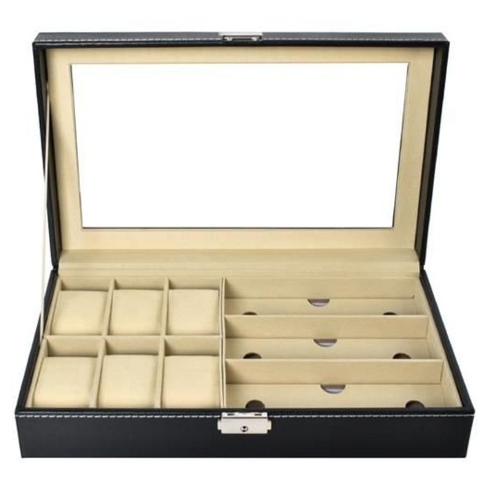 Organizator Premium pentru 6 Ceasuri si 3 Perechi Ochelari, Inchidere cu Cheie, Interior Catifea, Geam de Sticla, Eco-Piele Neagra, 33.5 x 20.5 cm