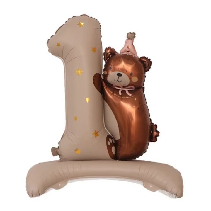 Balon folie cifra 1 cu ursulet, 81 x 72 cm, Decor Aniversare 1 An sau 1 Luna, Taiere Mot