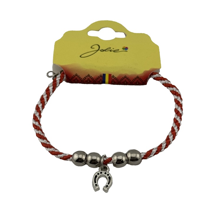 Martisor de Tip Bratara cu 4 Bile si Pandativ Metalic, Jolie, Model Potcoava, Design Clasic, Snur Rasucit Alb/Rosu, Cu Sistem de Inchidere Reglabil