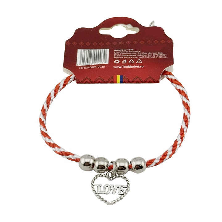 Martisor de Tip Bratara cu 4 Bile si Pandativ Metalic, Jolie, Model Inima cu Scris Love, Design Clasic, Snur Rasucit Alb/Rosu, Cu Sistem de Inchidere Reglabil