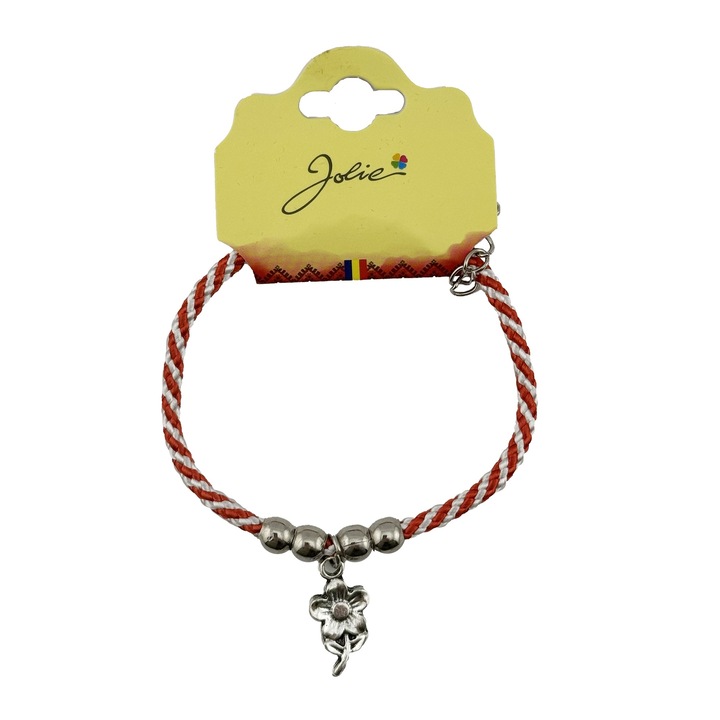 Bratara Martisor Jolie, Model Floare, Snur Rasucit Alb/Rosu, Inchizatoare Metalica Reglabila, 17-22 cm