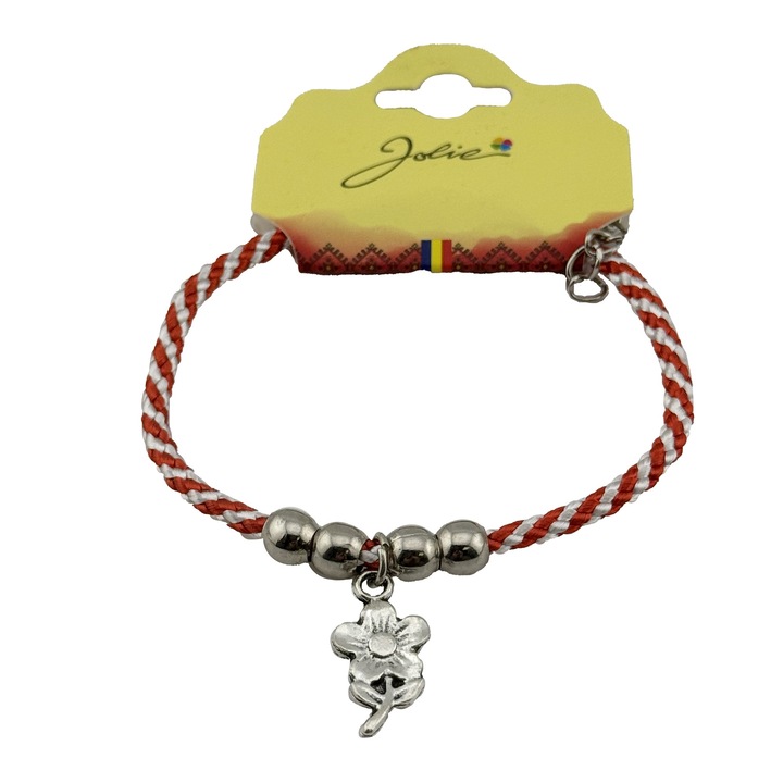 Martisor de Tip Bratara cu 4 Bile si Pandativ Metalic, Jolie, Model Floare, Design Clasic, Snur Rasucit Alb/Rosu, Cu Sistem de Inchidere Reglabil