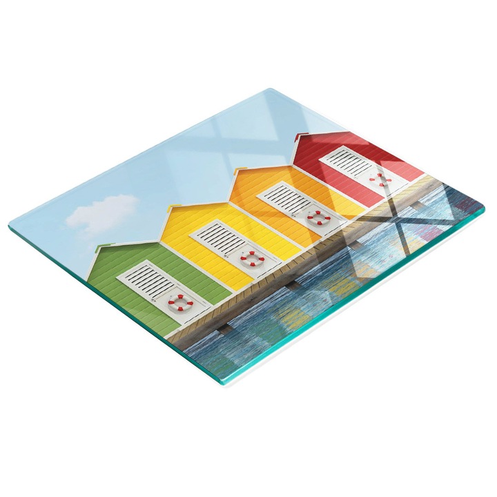 Dekorációs tábla, Tulup, fal-/konyhapult védelem, üveg, 60x52cm, csúszásmentes, magas hőmérsékletnek ellenálló, tengerparti házikók mintával