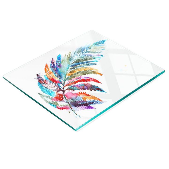 Dekoratív tábla, Tulup, fal-/konyhapult védelem, üveg, 60x52cm, csúszásmentes, magas hőmérsékletnek ellenálló, többszínű toll mintával