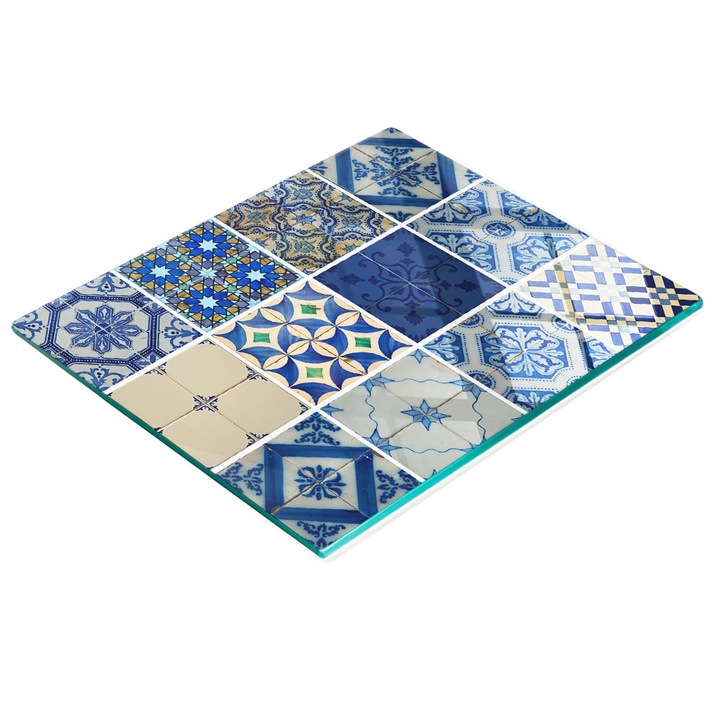 Placa decorativa, Tulup, protectie perete/blat bucatarie, sticla, 60x52cm, antiderapanta, rezistenta la temperaturi ridicate, albastru