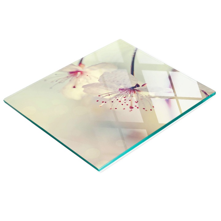 Dekorációs tábla, Tulup, fal/konyhapult védelem, üveg, 60x52cm, csúszásmentes, magas hőmérsékletnek ellenálló, cseresznyevirág minta