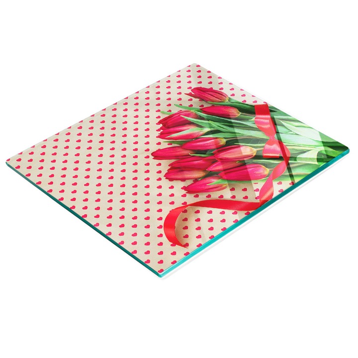 Dekoratív tábla, Tulup, fal-/konyhapult védelem, üveg, 60x52cm, csúszásgátló, magas hőmérsékletnek ellenálló, tulipán szívek minta