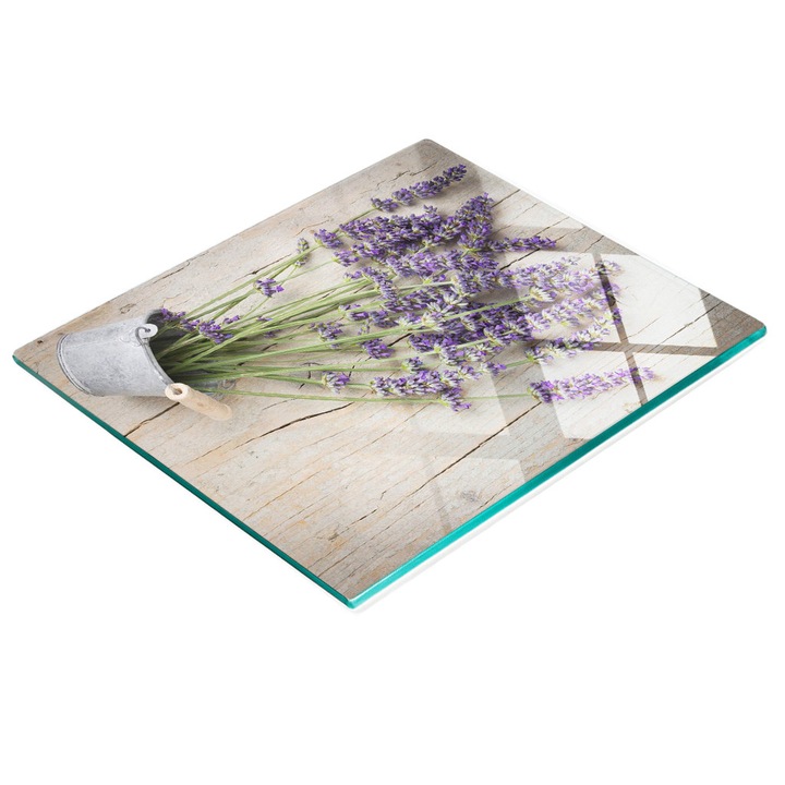 Dekoratív tábla, Tulup, fal/konyhapult védelem, üveg, 60x52cm, csúszásmentes, magas hőmérsékletnek ellenálló, levendula mintás