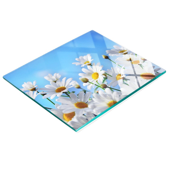 Dekoratív tábla, Tulup, fal-/konyhapult védelem, üveg, 60x52cm, csúszásmentes, magas hőmérsékletnek ellenálló, margaréta minta