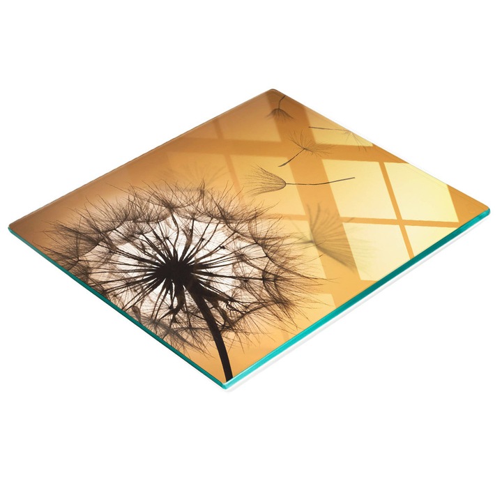 Dekoratív tábla, Tulup, fal-/konyhapult védelem, üveg, 60x52cm, csúszásmentes, magas hőmérsékletnek ellenálló, pitypang mintás