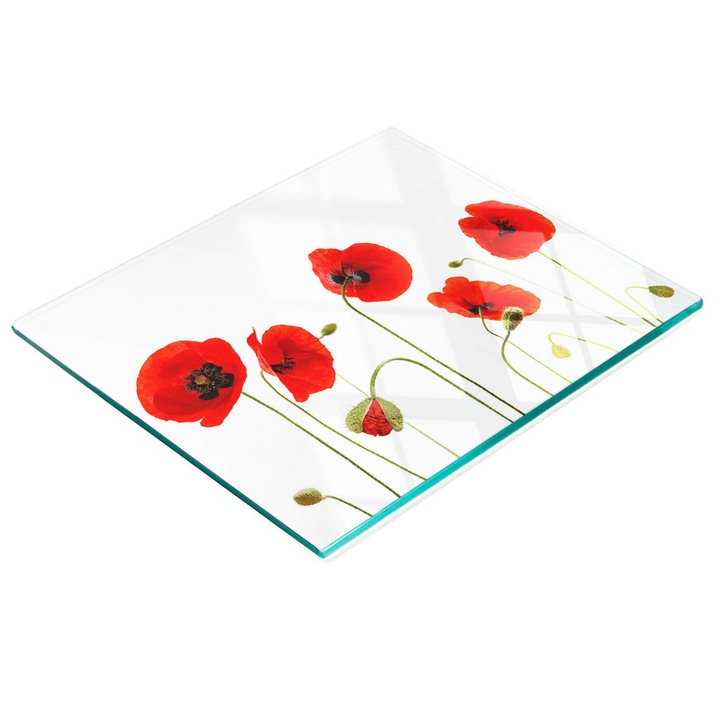 Placa decorativa, Tulup, protectie perete/blat bucatarie, sticla, 60x52cm, antiderapanta, rezistenta la temperaturi ridicate, model maci