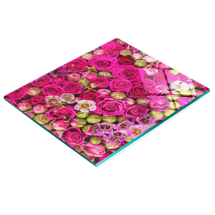 Dekoratív tábla, Tulup, fal-/konyhapultvédelem, üveg, 60x52cm, csúszásgátló, magas hőmérsékletnek ellenálló, rózsamintás